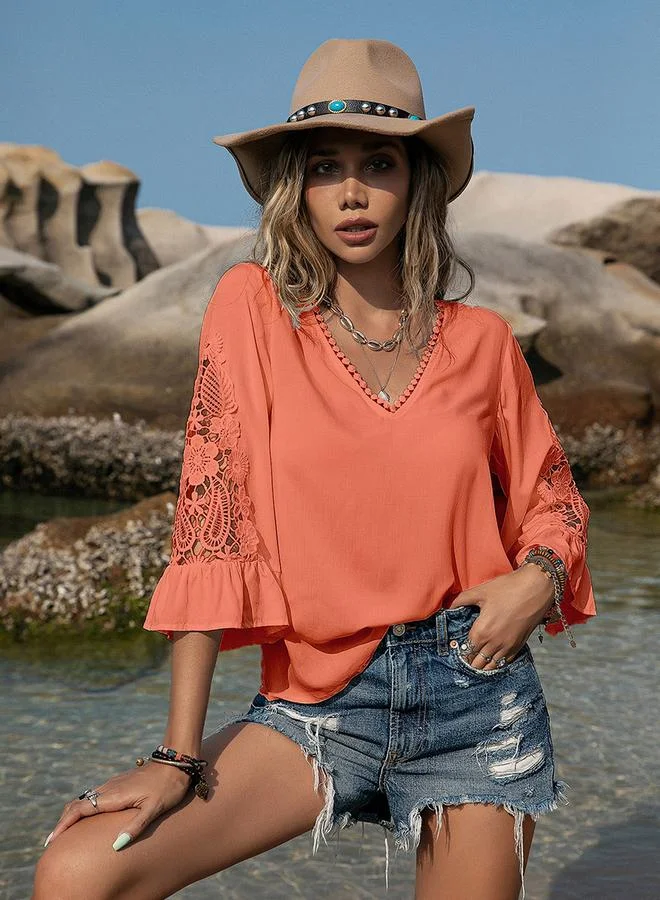 Take Two Women's Solid V Neck Flare Sleeve with Embroidery Detail Top